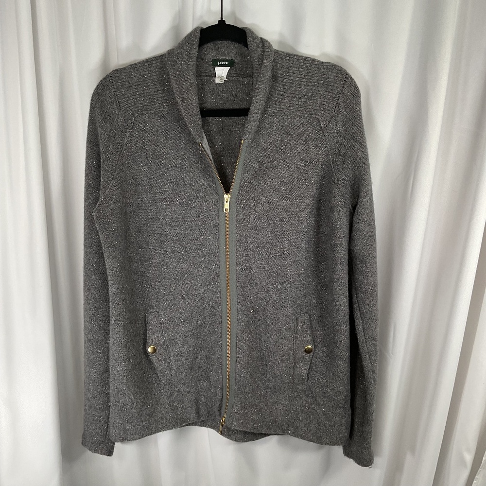 J.Crew Sweater Gray Gold Metalic Double Zipper Front Cuff Merino Wool Large